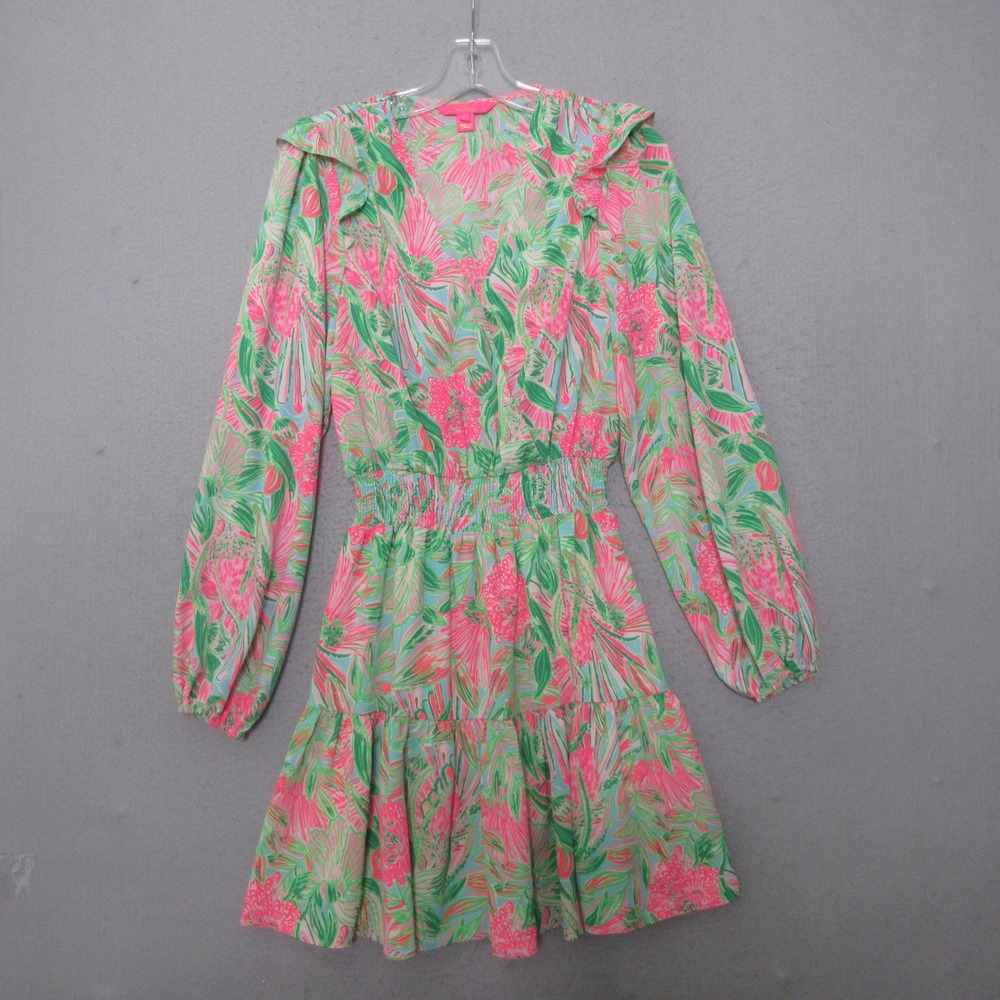 Lilly Pulitzer Dress‎ 2 Pink Green Taviana  Ruffle Vibrant Resort Boho Bright